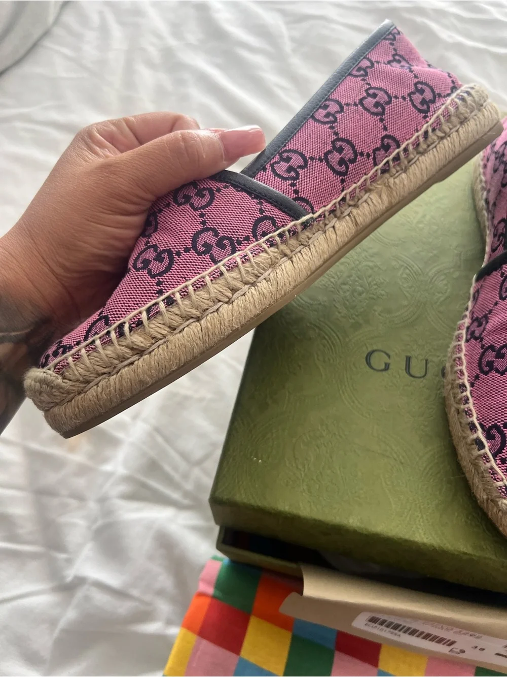 Gucci Pink GG Canvas Espadrille Flats with Black Logo